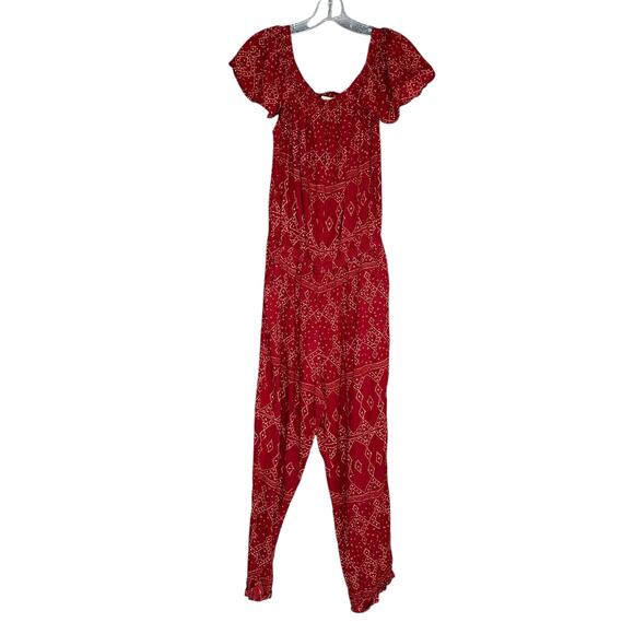BEACHGOLD Anthropologie Red Patterned Off Shoulder Jumpsuit Women's Size Large P - Picture 2 of 8